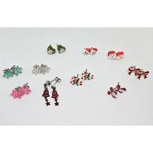 Lot of 10 Costume Christmas Post Stud Earrings Variety of Colors and Themes